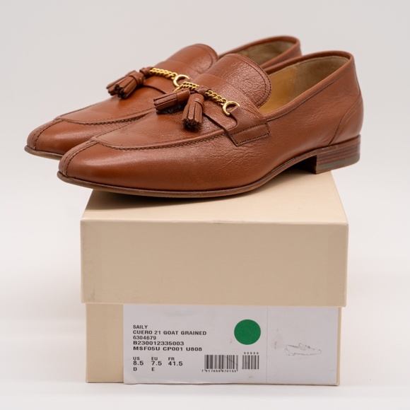 size 8.5 Bally Tan Saily Cuero Goat Grained Leather Gold Chain Tassel Loafers main image 5